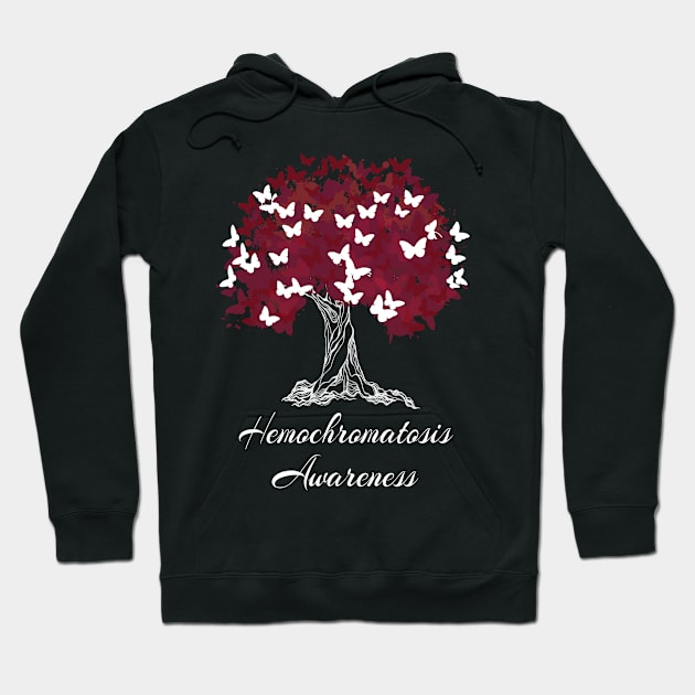 Hemochromatosis Awareness Red Ribbon Tree With Butterflies Hoodie by MerchAndrey